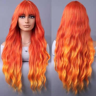 Yeeshedo Damen Perücke Lang Lockig Feuerorange mit Pony, Natürlich Lange Locken