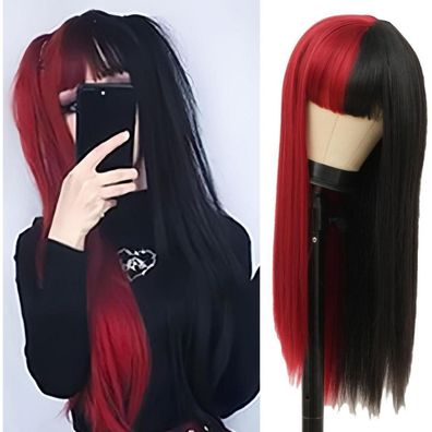 Salaibs Halb Rote Halb Schwarze Perücke Damen Lang Gerade Goth Synthetik mit
