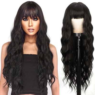 Damen Perücke Lang Locken mit Pony, Schwarz, 28 Zoll, Kunstfaser, für Alltag