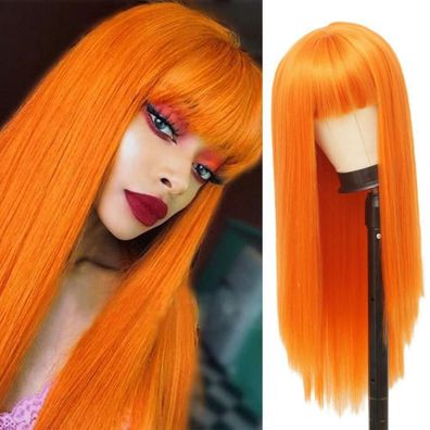 Salaibs Orange Lange Gerade Damen Perücke mit Bangs, 28 Zoll Highlight
