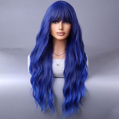 Damen Perücke Lang Lockig mit Pony, Dunkelblau, 28 Zoll, Kunsthaar Cosplay Wig