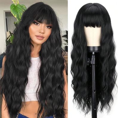 Yeeshedo Damen Perücke Lang Lockig Schwarz mit Pony, Natürlich Lange Locken