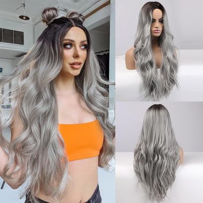 YeahBoom Ombre Silber Grau Lang Lockig Perücke für Damen - Perfekt für