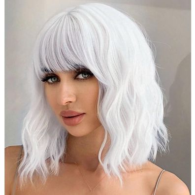 Porsmeer Perücke Weiß Kurz Bob Lockig Gewellt Synthetisch Cosplay Damen