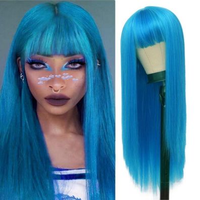 Siudus Lange Blaue Perücke mit Pony, Gerade, Synthetisch, Hitzebeständig, für