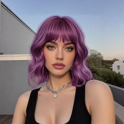 Porsmeer Lila Lockige Bob Perücke mit Pony - Natürliche Synthetik Cosplay