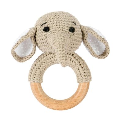 OFFCUP Babyrassel Elefant, gehäkelter Greifling aus Buchenholz und Baumwolle