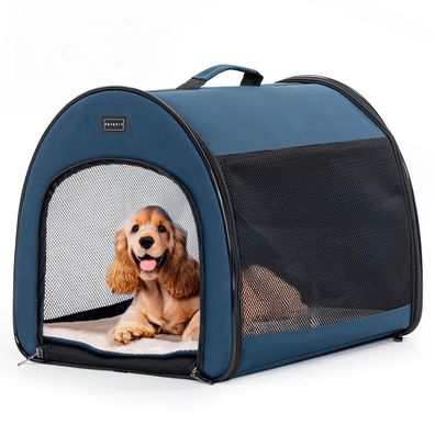 Petsfit Faltbare Hundebox M Blau - Tragbar, Atmungsaktiv & Bequem für Zuhause
