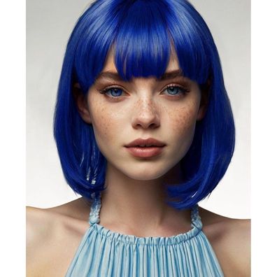 Yeeshedo Kurze blaue Bob-Perücke mit geradem Haar und Pony, synthetisch