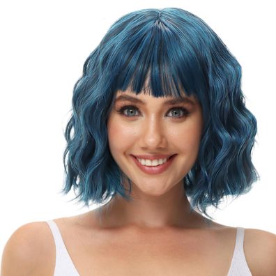 Porsmeer Ombre Blau Bob Perücke mit Pony Synthetisches Haar für Damen
