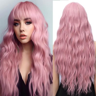 Damen Perücke Lang Lockig Rosa mit Pony, Natürlich Lange Locken Pink Wig, Anime