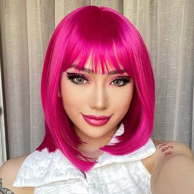 Yeeshedo Damen Feuer Rosa Kurze Bob Perücke mit Pony - Hitzebeständige