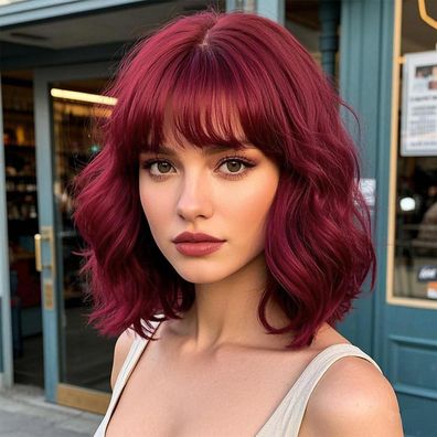 Porsmeer Kurze Bob Perücke Rot mit Pony für Damen - Synthetisches Haar