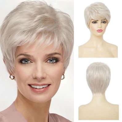 Damen Kurze Pixie Cut Perücke mit Pony, Blond, Grau Blond, Natürliche Synthetik