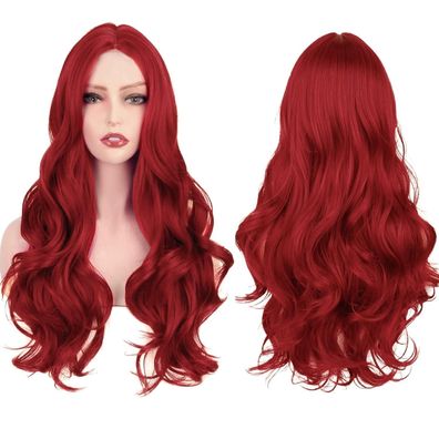 Porsmeer Lange Gewellt dunkelrot Perücke für Frauen & Mädchen - Anime Cosplay