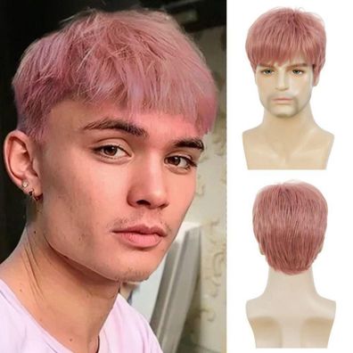 Siudus Rosa Herren Kurz Perücke Shaggy Geschichtet Synthetische Faser für