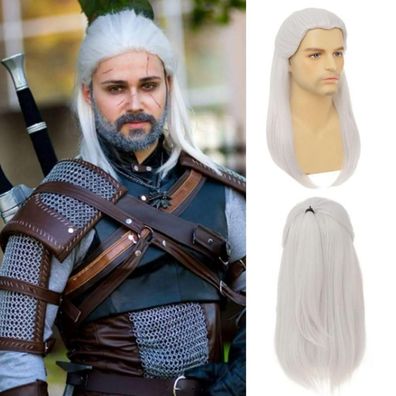 Siudus Weiße Gerade Perücke für Herren - Lange Anime Haarperücke für Cosplay