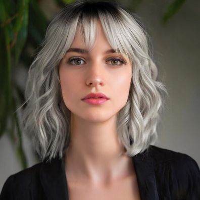 Porsmeer Kurze Ombré Silber Grau Bob Perücke mit Pony - Natürliches Kunsthaar