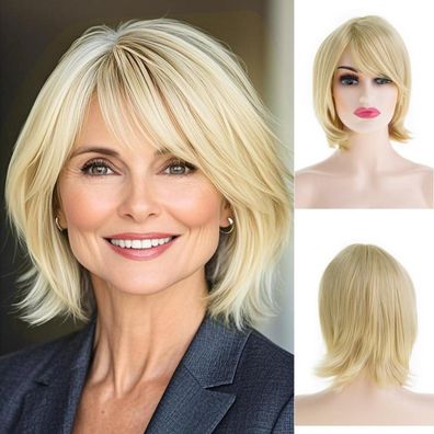 Qnbiar Damen Blonde Kurzhaarperücke Synthetik Glattes Haar Natürliche Cosplay