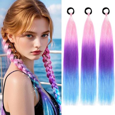 Porsmeer 3x Ombré Haarverlängerungen, 60cm Glatt Synthetik Pferdeschwanz Zopf