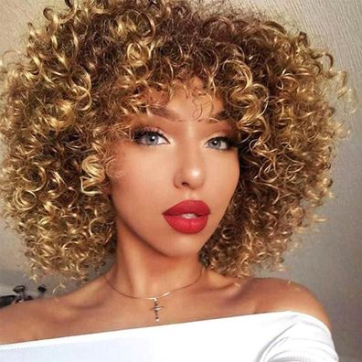 Porsmeer Lockige Afro Perücke Braun Blond Kunsthaar mit Pony, Schulterlänge