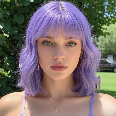 Porsmeer Kurze gewellte hellviolette Bob-Perücke mit Pony, schulterlang