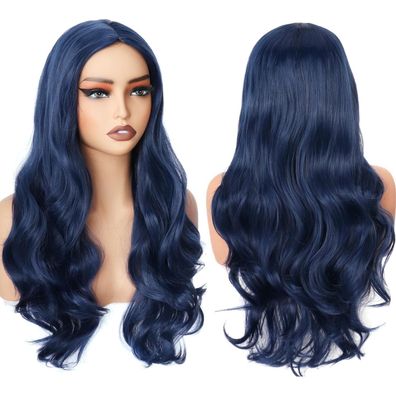Porsmeer Perücke 60 cm Dunkelblau - Wavy Synthetikfaser, lockig, für Partys