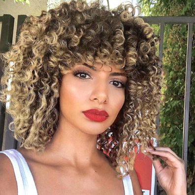 Porsmeer Afro Lockige Perücke Ombre Blond Kunsthaar mit Pony für Damen, 14 Zoll