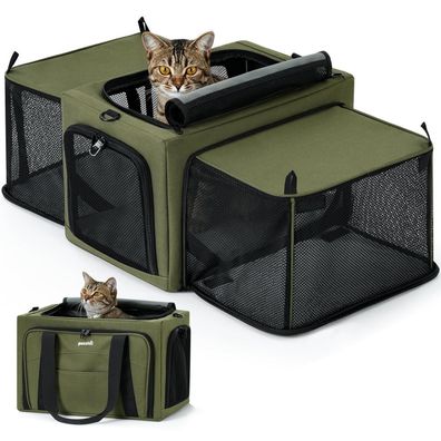 Pecute faltbare Katzentransportbox mit Seitenerweiterung, atmungsaktiv, stabil