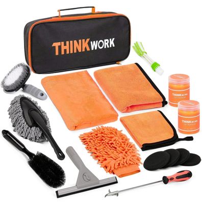 Thinkwork 17-teiliges Auto Reinigungsset für Innen- und Außenpflege, Orange