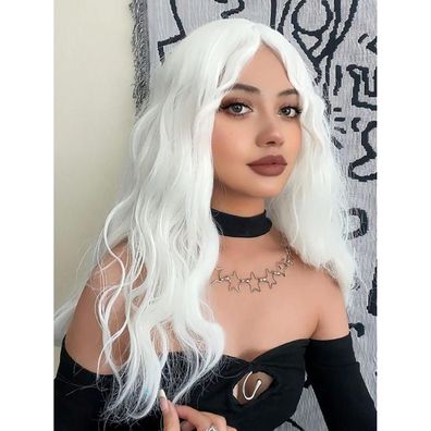 Porsmeer Lange Gewellt Weiß Perücke für Frauen - Anime, Cosplay, Halloween