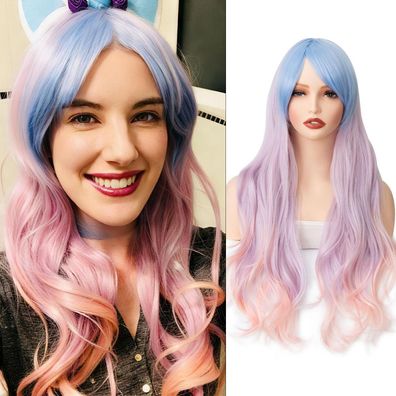 Luxiremi Hellblau Rosa Lila Perücke mit Pony 28 Zoll Gewellte Lockige Kunsthaar