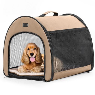 Petsfit faltbare Hundebox M Khaki - Tragbar, atmungsaktiv, mit Plüschkissen und