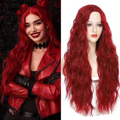 Porsmeer Damen Perücke Rot Lang Lockig Mittelscheitel 28 Zoll - Anime Cosplay