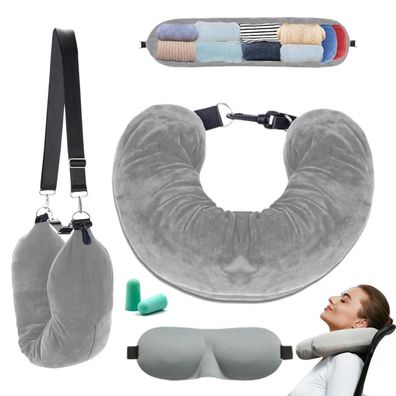 Befüllbares U-Form Reise Nackenkissen mit Augenmaske und Ohrstöpseln - Grau