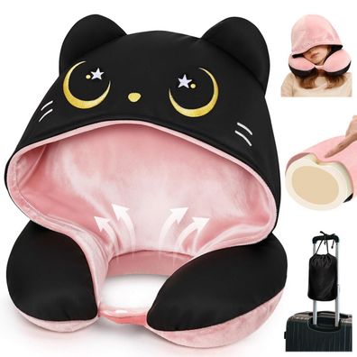Mewaii Reisekissen mit Kapuze, wendbar, für Kinder & Erwachsene, Katzen-Design