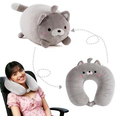Esshogo 2-in-1 Wandelbares Nackenkissen / Plüschtier Grauer Bär für Reisen