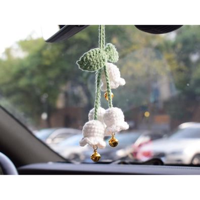 ZephyrHome Gehäkelte Blume mit Glocke Auto Rückspiegel Anhänger, handgemachte
