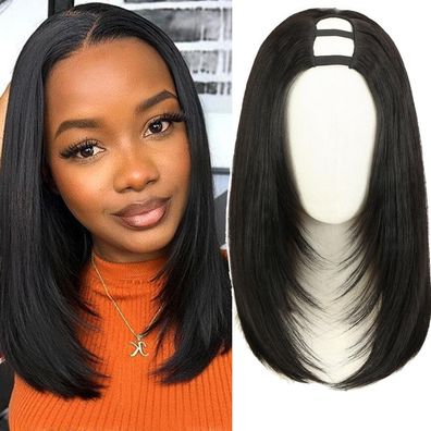WIGNEE Kurze Schwarze U-Part Bob Perücke Glatt, Layered Bob Halbperücke