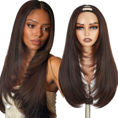 WIGNEE Highlight Brown U-Part Perücke Glatt, Yaki Straight Synthetik