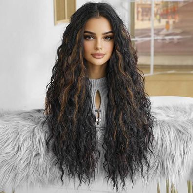 Porsmeer Damen Perücke dunkelbraun/blond, lang, lockig, wellig, 28 Zoll, für