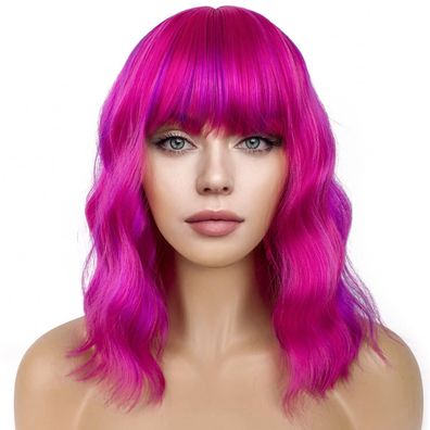 Damen Perücke kurz Bob Rosarot/Lila mit Pony, lockig, 35cm, Cosplay Wig