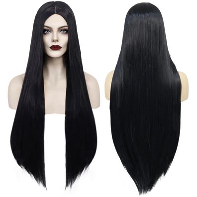 Damen Perücke Schwarz Lang Glatt 24 Zoll - Natürliche Synthetik Haar für Party