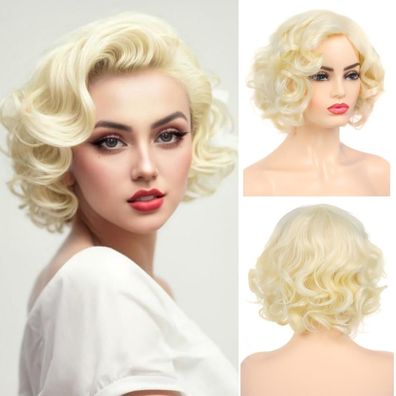 Qnbiar Damen Kurze Lockige Welle Blonde Synthetische Perücke für Cosplay und