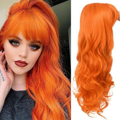 Siudus Orange Lockige Langhaar Perücke mit Pony - Synthetik, Hitzebeständig
