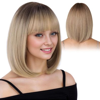 Ombre Blonde Bob Perücke mit Pony, Kurze Synthetische Perücke für Frauen
