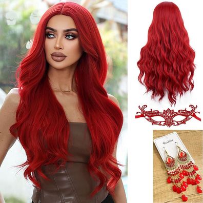 Waziwe Damen Lang Rot Perücke 68cm Synthetik Fasern mit Haarnetz für Kostüme