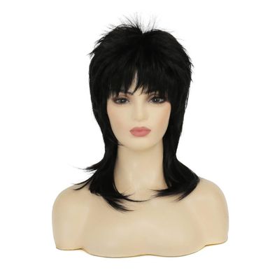 Siudus Schwarz Vokuhila Perücke für Damen - 80er Jahre Schulterlänge Mullet