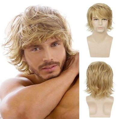 Qnbiar Herren Blond Perücke kurz, flauschig, geschichtet, synthetisch, für