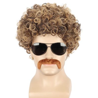 Yuehong Herren Afro Perücke Kurz Braun Lockig 70er 80er Jahre Metal Disco